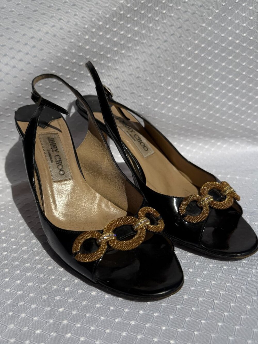 Jimmy Choo Black Patent Leather Peep-Toe Slingback Heels‎ Gold Chain EU 38.5